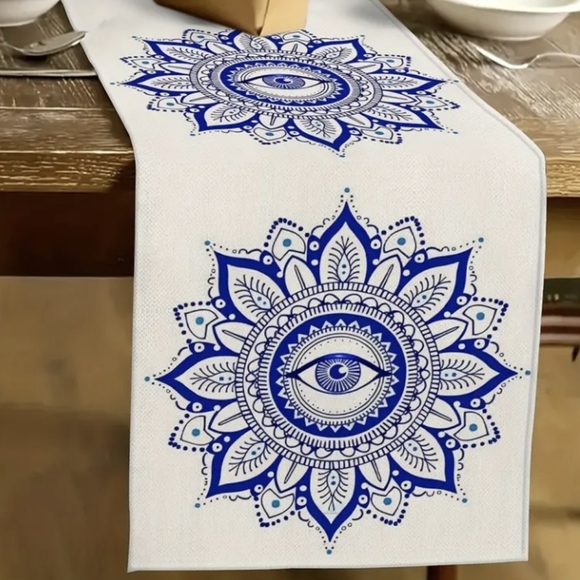 100% Knitted Linen Blue Boho Henna Mandala Evil Eye Dustproof Table Runner NEW - Picture 7 of 7